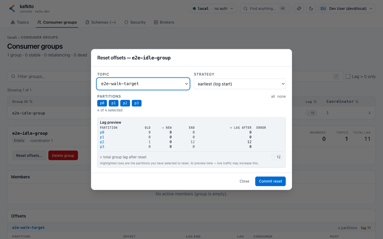 Reset offsets modal
